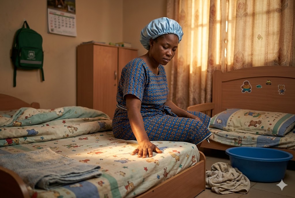 Nigerian mother checking child's bed