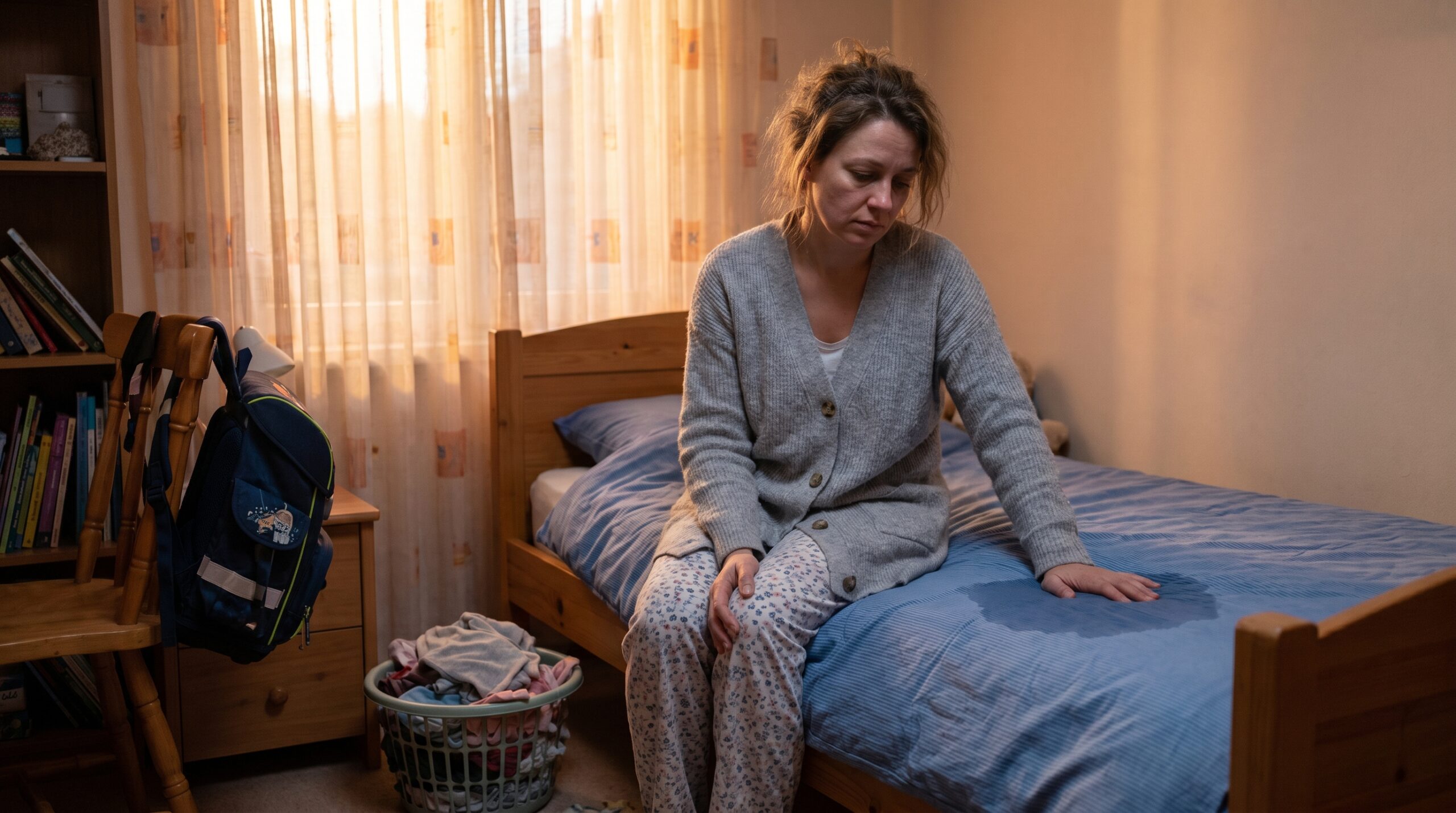 Mother sitting on child's bed discovering wet sheets